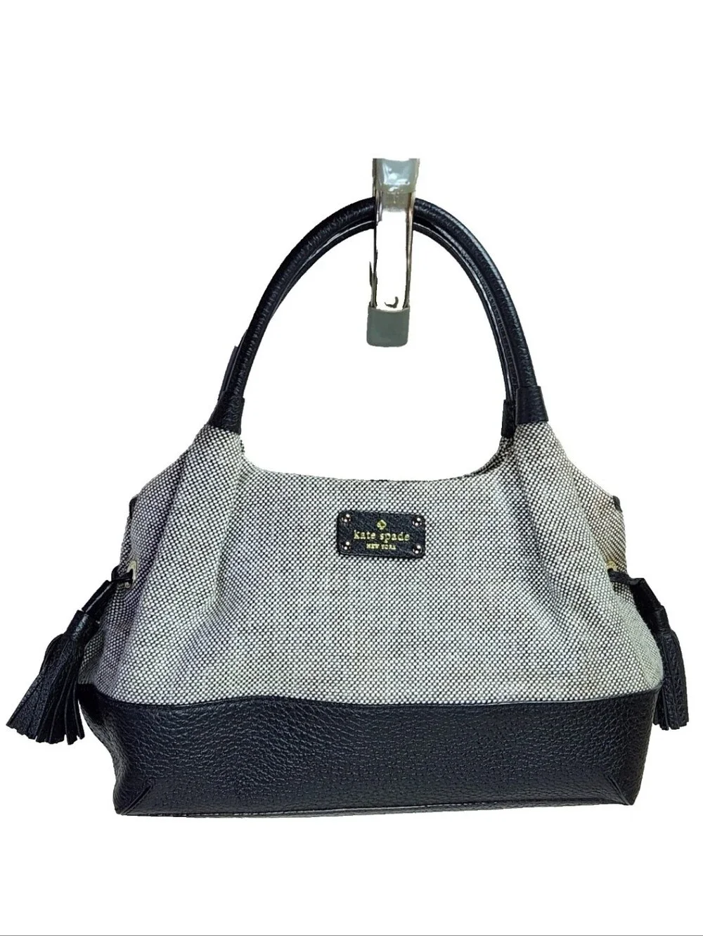 KATE SPADE Stevie Southport Ave Large Satchel Tote Black Leather Gray Canvas